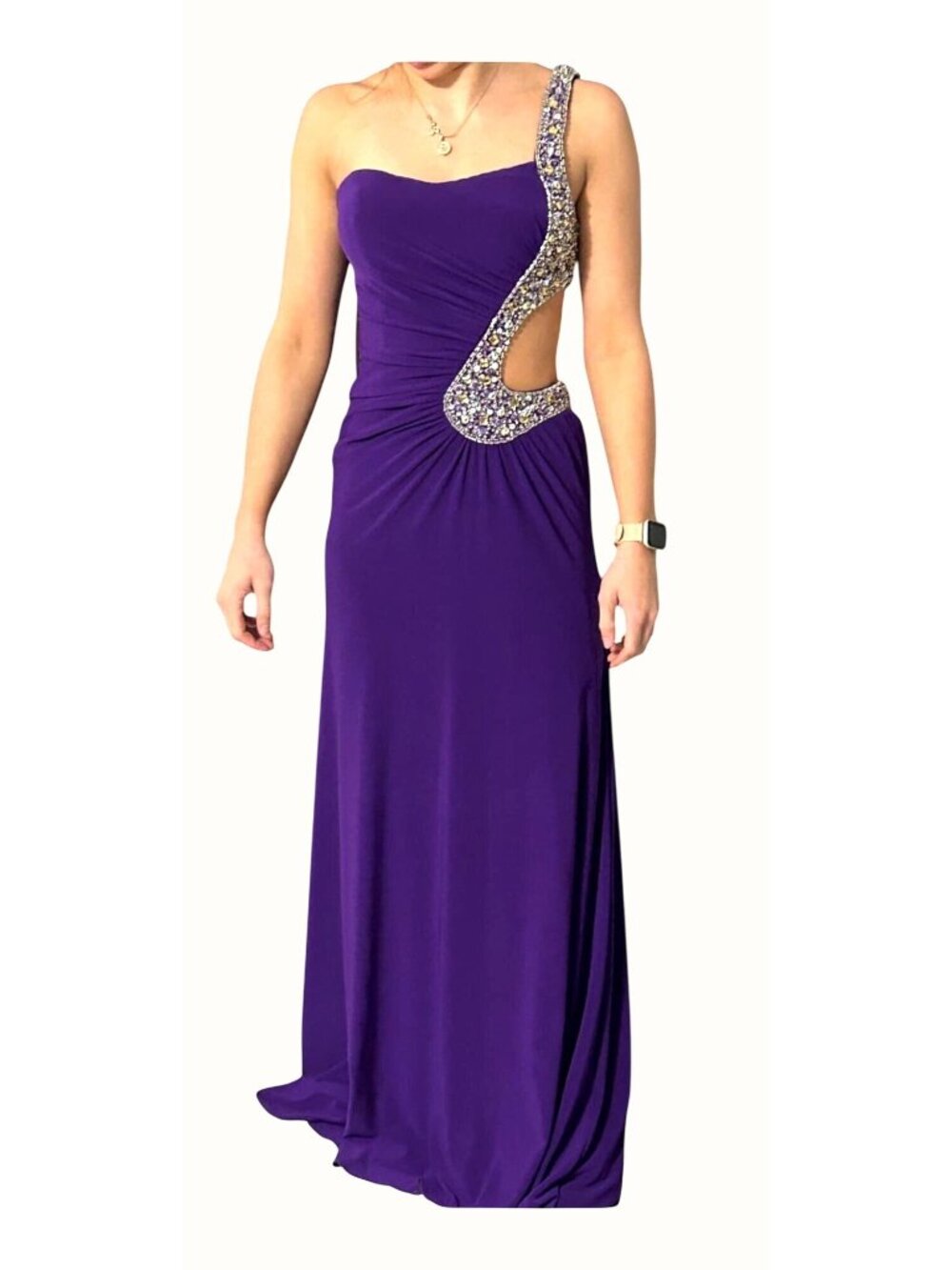 Evenings by Allure One-Shoulder Purple Evening Gown w/ Beaded  Side Back Cutout